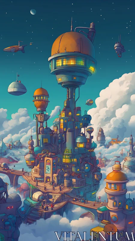Futuristic sky city with towers and airships above clouds.