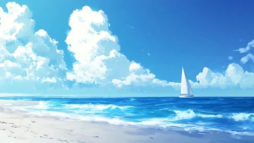 Coastal panorama with lone white sailboat and cumulus sky