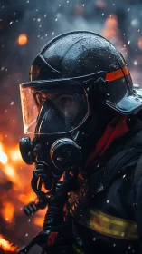 Firefighter in wet helmet and mask moves through active flames