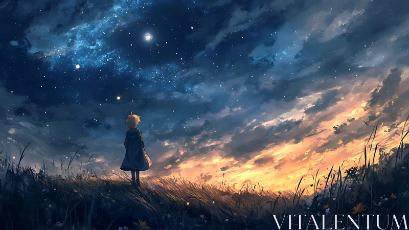 Lone child on twilight hill under vast starry sky.
