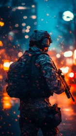 Urban ember sentinel in neon-soaked midnight patrolscape.