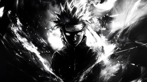Monochrome anime portrait with explosive radial contrast lines.