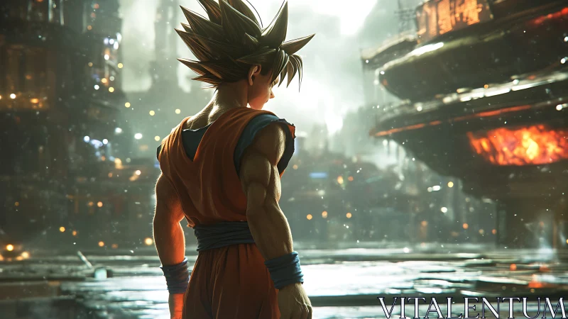 Heroic warrior pauses upon a neon drenched burning city.