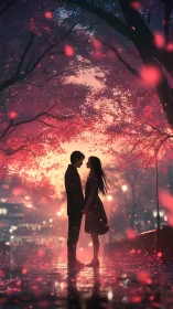 Silhouetted couple stands beneath glowing pink blossom canopy