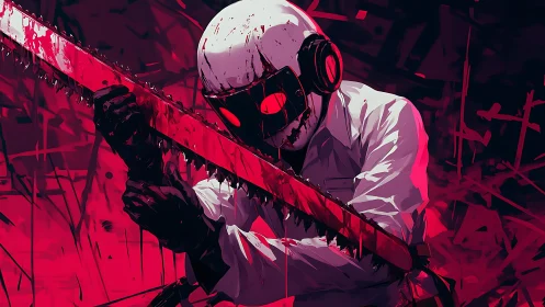 Masked figure with bloody chainsaw in harsh neon red scene.