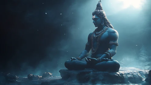 3D ethereal rendering of meditative deity in luminous cave.