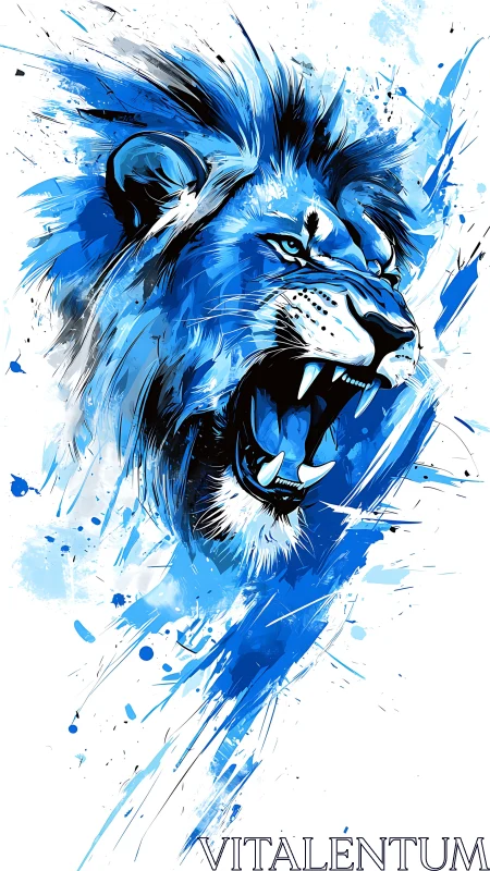 Blue roaring lion illustration with dynamic paint strokes.