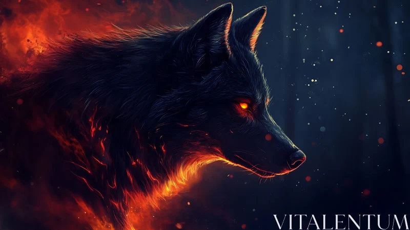 Fiery-eyed black wolf profile in glowing ember light.