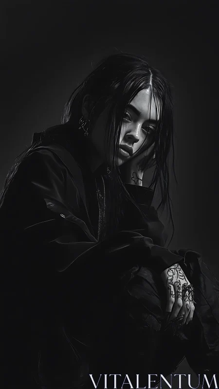 Monochrome seated figure with dark clothing and tattoos.