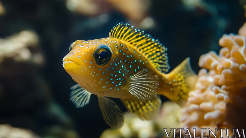 Spotted reef fish in shallow depth-of-field marine habitat study.