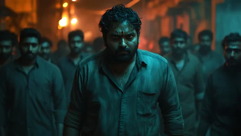 Brooding leader advancing through neon-lit alley crowd.