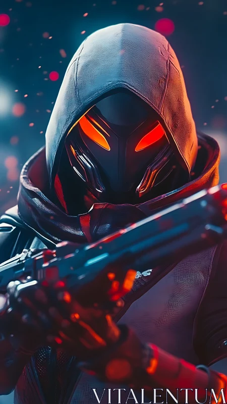 Neon-hooded cyber assassin aims through ember-lit dusk.