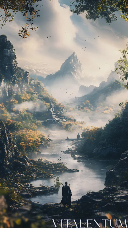 Lone wanderer gazes over misty river and soaring peaks.