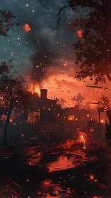 Apocalyptic Village Engulfed in Flames and Embers.