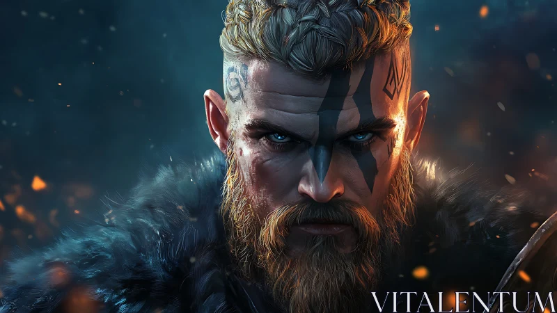 Fierce viking warrior gazes ahead with firelit resolve.