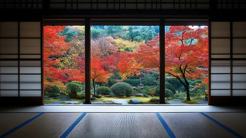Japanese tatami room overlooking structured autumn garden.