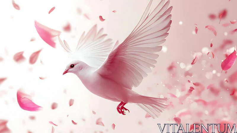 Soft dove in flight among swirling pink rose petals.