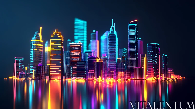 Neon cyberpunk city skyline with vivid glowing reflections.