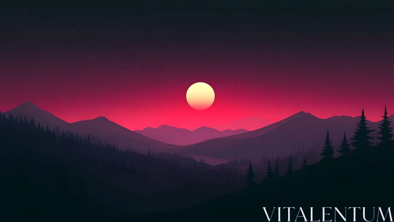 Minimalist neon dusk landscape isolates silhouetted mountain ranges