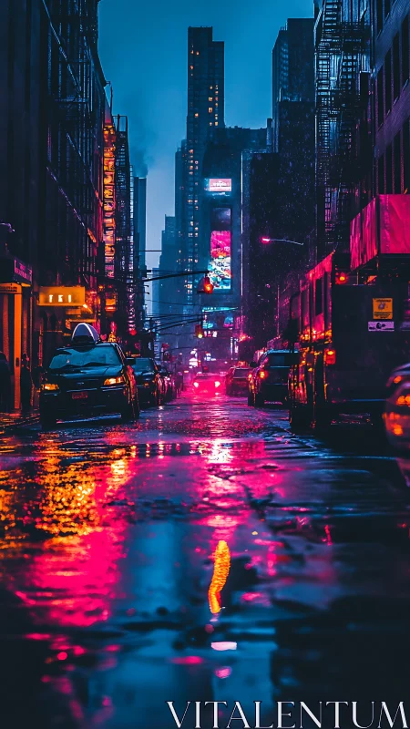 Neon soaked city street with cars in heavy evening rain.