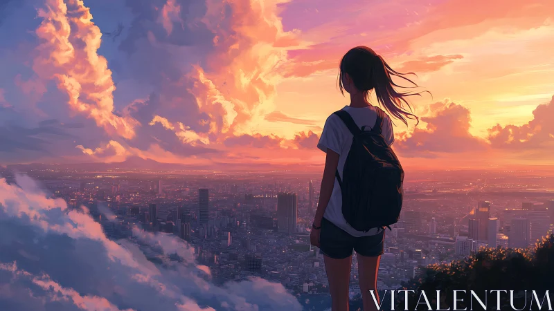 Girl with backpack watching a glowing city sunset sky.