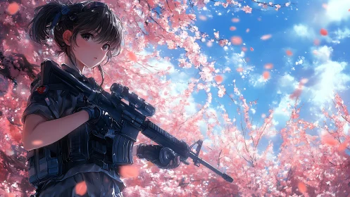 Armed anime girl stands watch beneath drifting cherry blossoms