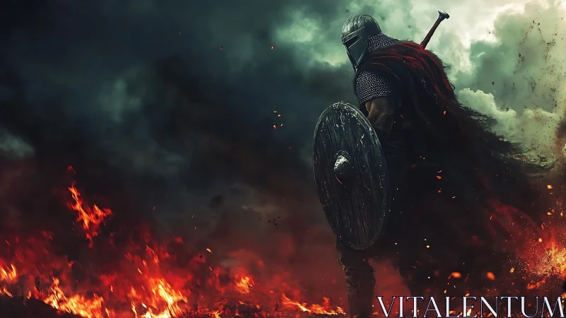 Armored warrior advancing through blazing battlefield storm.