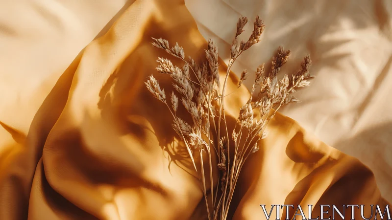 Dried wild grass stems rest on sunlit ochre textile folds