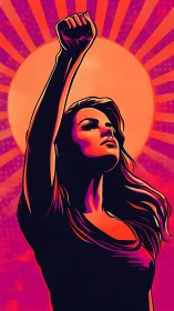 Bold woman raises her fist against a radiant rising sun