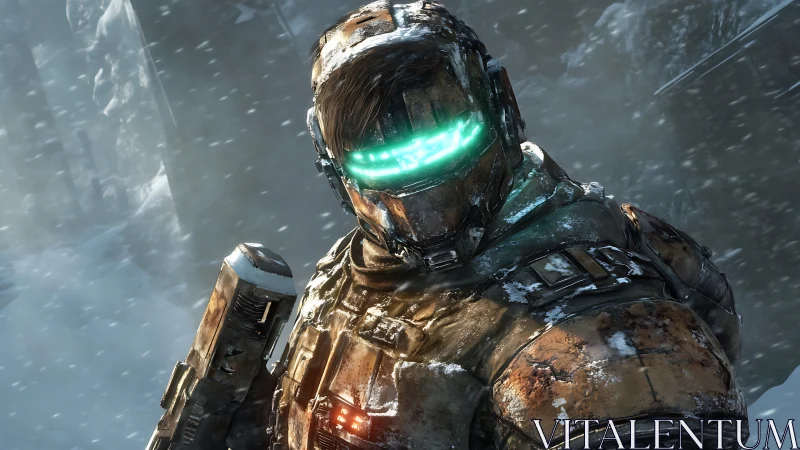 Armored sci fi soldier with teal visor in hostile snowstorm