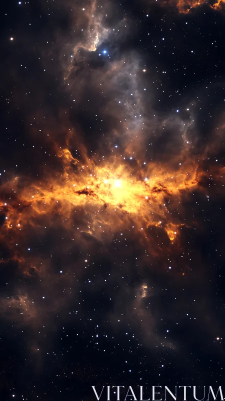 Glowing golden nebula cradled in a deep starlit sky.