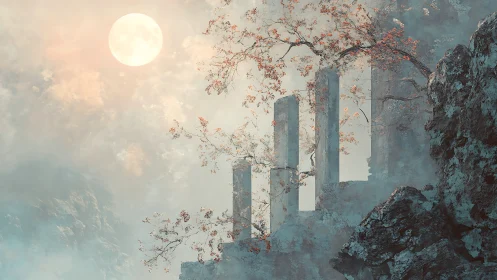 Atmospheric ruins staircase in ethereal moonlit mistscape.