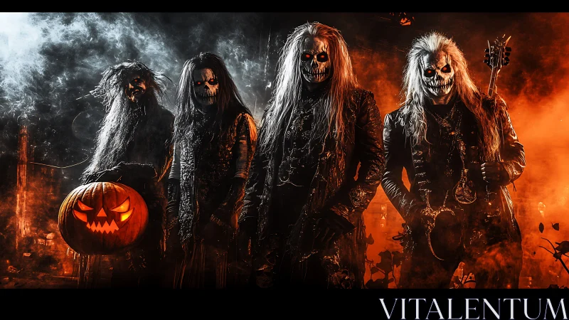 Masked rock band in fiery Halloween horror scene.