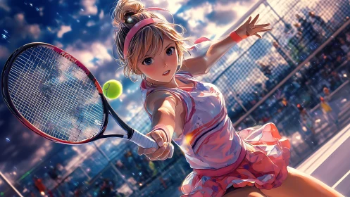 Sunlit tennis rally with determined anime girl in motion.