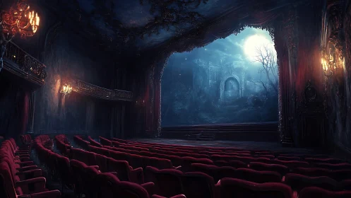 Moonlit haunted theater merges stage drama with ghostly ruins