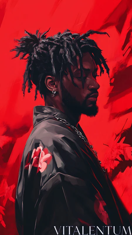 Profile portrait of man in dark cloak on red background.