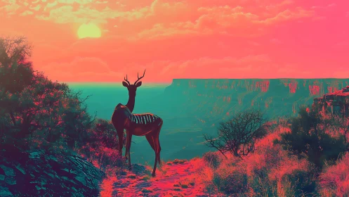 Neon canyon sentinel deer under a candyfloss sunset sky.