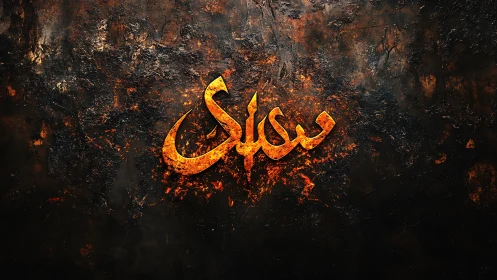 Fiery Arabic calligraphy rendered on textured dark surface
