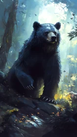 Gentle forest bear pausing in a sunlit woodland clearing.