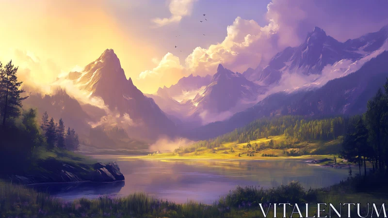 Sunlit alpine lake below glowing violet mountain peaks.