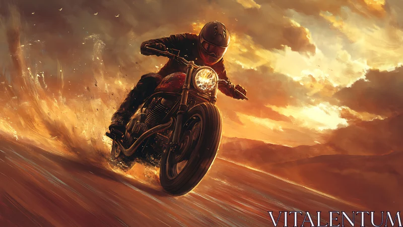 Motorcyclist riding on dirt track under intense sunset sky.
