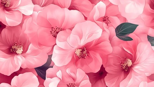 Pink flowers with layered petals and gold stamens display overlapping composition