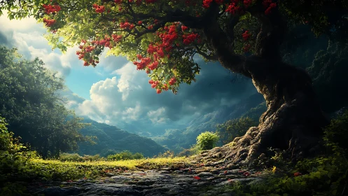 Digital painting of ancient red-blossomed tree in misty valley.