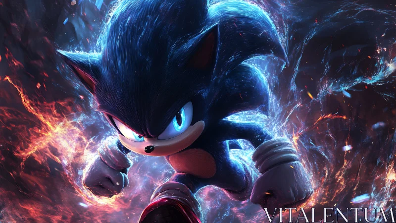 Speeding blue hero surges through blazing cosmic energy