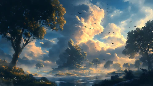 Sunlit cloudriver over whispering trees and wandering beasts.