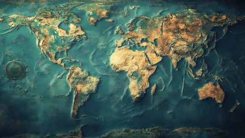 Textured world map with raised continental landforms depiction.