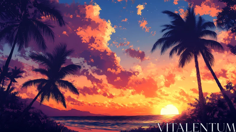 Digital painting sunset seascape with silhouetted palm forms.
