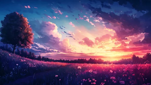 Digital landscape shows sunset over field with distant trees