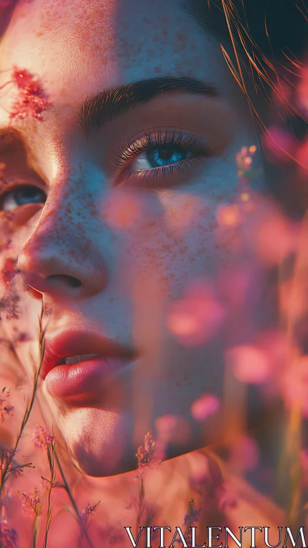 Soft blue gaze among dreamy pink meadow light.