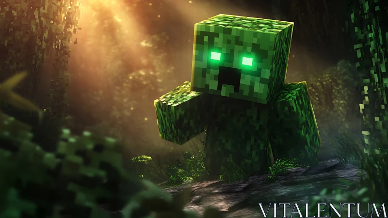 Glowing pixel creature advances through a sunlit forest